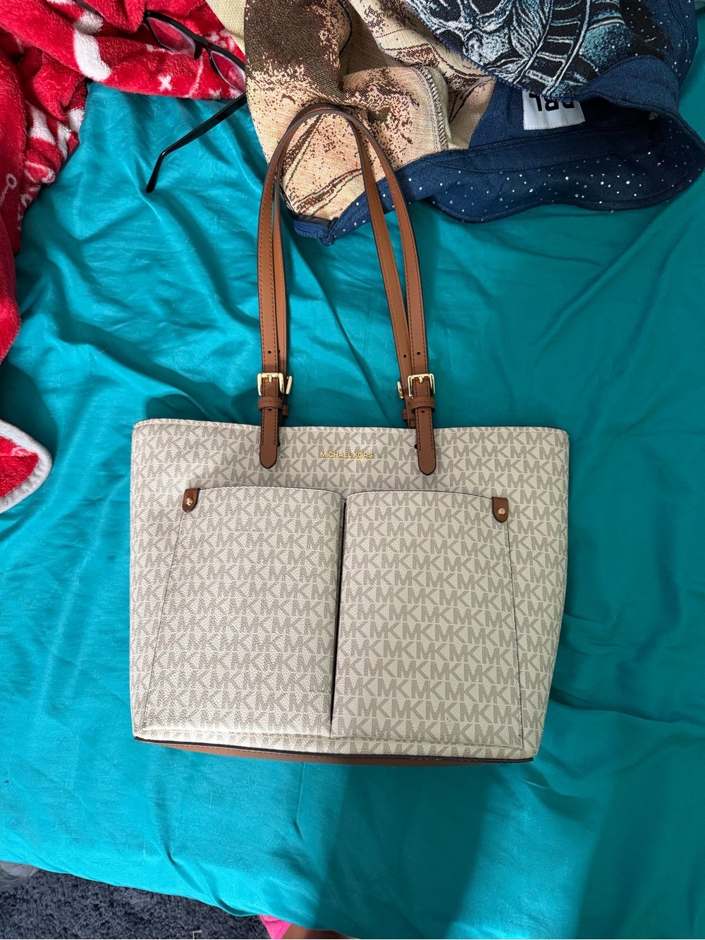 Michael Kors Cream Monogram Tote with Brown Leather Straps - Picture 2 of 3